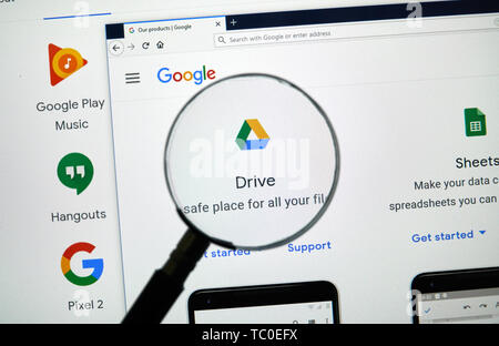 MONTREAL, CANADA - APRIL 26, 2019: Google Drive logo and app on a home page. Google is an American multinational technology company that specializes o Stock Photo