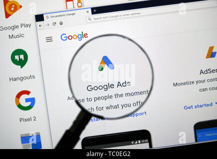 MONTREAL, CANADA - APRIL 26, 2019: Google Ads logo and app on a home page. Google is an American multinational technology company that specializes on  Stock Photo