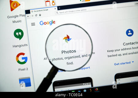 MONTREAL, CANADA - APRIL 26, 2019: Google Photos logo and app on a home page. Google is an American multinational technology company that specializes  Stock Photo