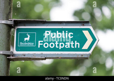 Hertfordshire County Council Public Footpath sign on a lampost. Stock Photo