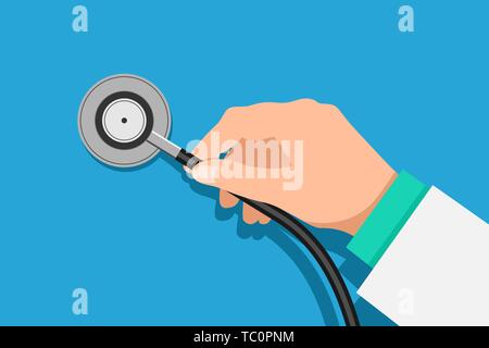Doctor hand holding stethoscope. Medical equipment inspection. Healthcare. Flat vector illustration on blue background EPS Stock Vector