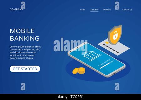 Online mobile banking landing page website design template. Isometric 3d smartphone, bank card, lock shield and coins. Money transaction protection co Stock Vector