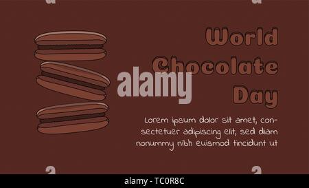 Worldwide chocolate day. Three macaroon cookies in brown background Food landing page with flat simple design. Modern design concept of web page desig Stock Vector
