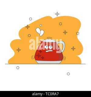 Cartoon kitchen appliances. Funny character teapot. Geometric figures. Crosses, circles. Boiling hot angry red kettle with eyes. For clothing design,  Stock Vector