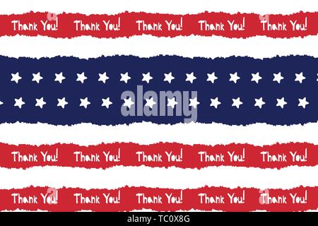 Festive Thank you poster in national colors USA red white blue. Strips, stars, fireworks Great idea for decorating holiday on July 4th, Independence m Stock Vector