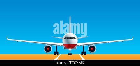 Vector illustration. Realistic front view of landing airplane on airport pista. Stock Vector