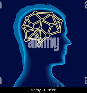 Vector illustration. Brain icon over a soft male head silhouette in blue. Stock Vector