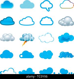 Vector illustration. Twenty cloud icons in different shapes and styles. Stock Vector