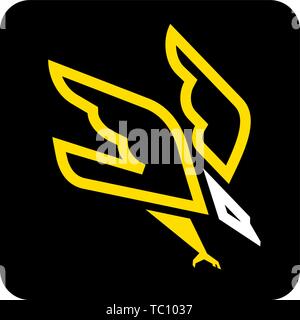 Vector illustration. Hunting eagle icon in yellow and black in lineal geometric style. Stock Vector