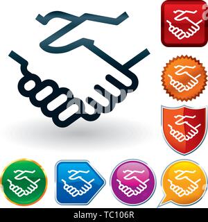 Vector illustration. Handshake glossy icon over seven different buttons. Stock Vector