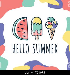 Vector hand drawn Summer Card with lettering Hello summer creative doodle elements as ice cream and watermelon. Can be use for greeting, posters. Stock Vector