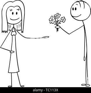 Vector cartoon stick figure drawing conceptual illustration of man offering flowers and declaring love to woman on date. Stock Vector