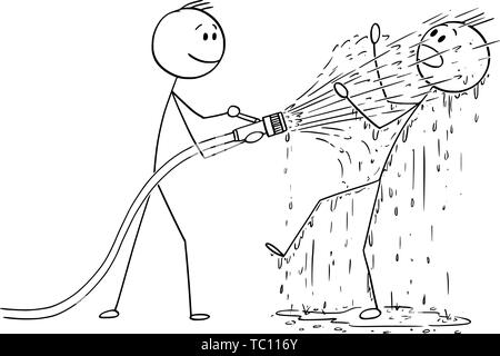 Vector cartoon stick figure drawing conceptual illustration of man or businessman holding big fire hose and shooting water on another man who is completely wet. Stock Vector