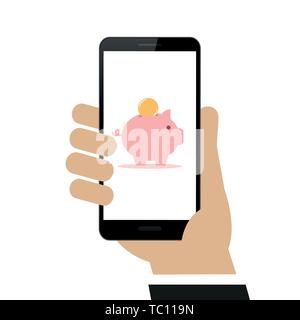 hand holds smartphone with piggy bank shopping concept isolated on white background vector illustration EPS10 Stock Vector