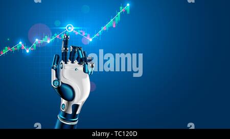 Robot or cyborg hand taps finger on chart of trading data of forex stock exchange. App or software with artificial intelligence analysis business Stock Vector