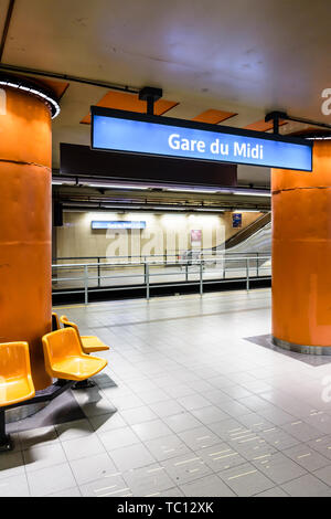 Empty tramway platforms in the Gare du Midi/Zuidstation subway station, located under the Brussels-South railway station in Belgium. Stock Photo