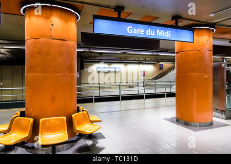 Empty tramway platforms in the Gare du Midi/Zuidstation subway station, located under the Brussels-South railway station in Belgium. Stock Photo