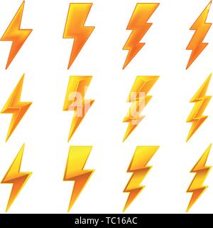 Vector illustration. Twelve lightning icons in 3d style. Isolated on white. Stock Vector