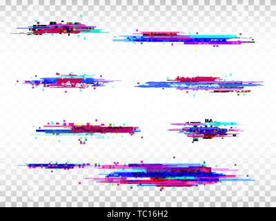 Glitch color elements set. Digital noise abstract design. Color pixel glitch. Modern bug effect. Noise texture. Vector illustration Stock Vector