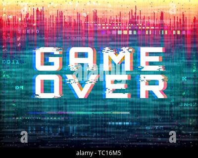 Game over text. Video game glitch. Color distortions and pixel noise. Digital error template. Retro vhs effect. Abstract bright design. Analog back Stock Vector