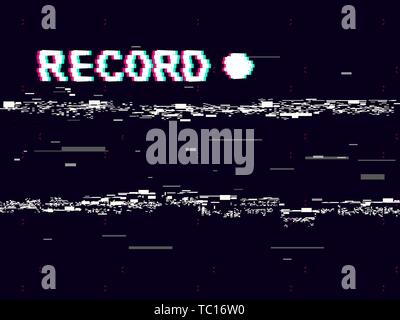 Glitch record with white distortions on black background. VHS concept with abstract geometric shapes. Retro camera template. Old cam play, rec Stock Vector