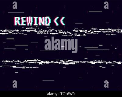 Rewind glitch background. Retro VHS template for design. Glitched lines noise. Pixel art 8 bit style. Vector illustration Stock Vector