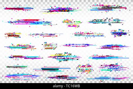 Glitch elements set. Color distortions on transparent background. Abstract digital noise. Error collection. Modern glitch templates. Pixel design Stock Vector