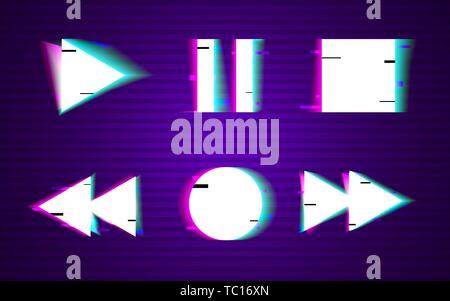Glitch set of buttons. Minimal design. Play, rewind, stop, pause,record collection elements. VHS shapes with distortion noise. Retro background Stock Vector