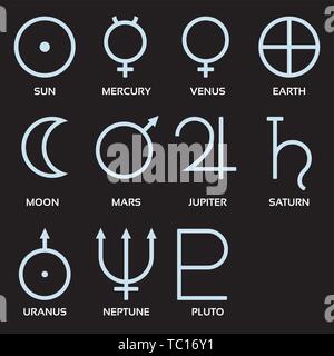 Vector illustration. Eleven traditional planetary symbols in flat style. Stock Vector