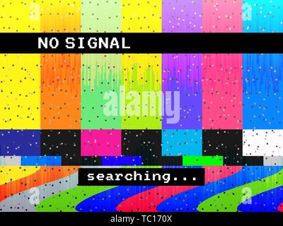 No signal glitch TV. Distorted color lines. Digital glitch distortion. Screen with color bars and noise. Vector illustration Stock Vector