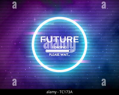 Glitch retro future. Glowing neon circle. Round frame with data loading. Space background and futuristic concept with glitched elements. Sci-Fi Stock Vector
