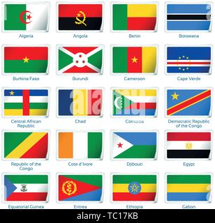 Sticker flags Africa one. Vector illustration. 3 layers. Shadows, flat flag you can use it separately, sticker. Collection of 220 world flags. Accurate colors. Easy changes. Stock Vector