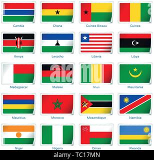 Sticker flags Africa two. Vector illustration. 3 layers. Shadows, flat flag you can use it separately, sticker. Collection of 220 world flags. Accurate colors. Easy changes. Stock Vector