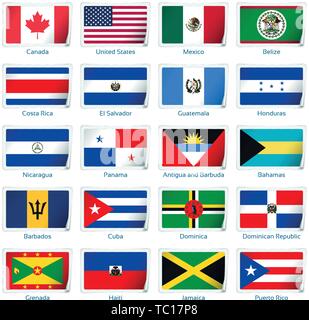 Sticker flags America one. Vector illustration. 3 layers. Shadows, flat flag you can use it separately, sticker. Collection of 220 world flags. Accurate colors. Easy changes. Stock Vector