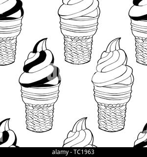 Vector seamless pattern. Endless texture in black and white colors with hand drawn ice creams.Background with ice creams isolated on a white Stock Vector