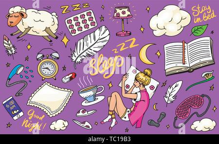 Sleep time concept. Hand drawn night background. Sheep Pillow, Girl in dream in bed, Clouds and feather, Clock Nightie, Moon and Tea. Set of doodle Stock Vector