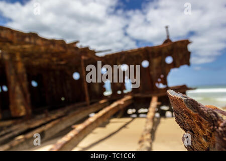close up of the the Maheno shipwreck on 75 mile beach Fraser Island, Fraser Coast, Queensland, Australia Stock Photo