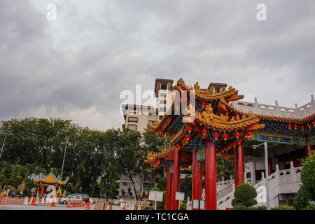 Thean Hou Temple decorated with lantern for the Chinese New Year celebration during sunrise and golden hour, Stock Photo