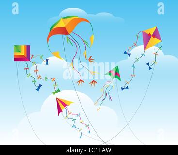 Vector kites flying in sky. Flying paper kites with ribbons, holiday or vacation game, summer party background Stock Vector