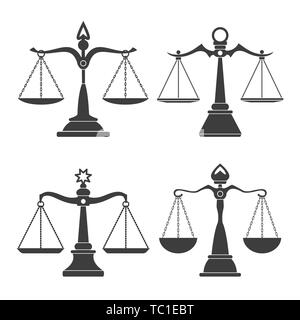 Vector justice scales. Justices scale set or simple court decision icons, corruption and law balancing isolated on white background Stock Vector
