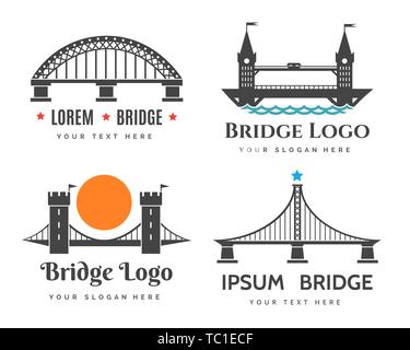 Bridges logo. Abstract bridge logos symbols for city tourism and road construction company, curved vector graphics Stock Vector