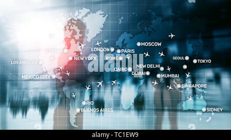 Global Aviation Abstract Background with planes and city names on a map. Business Travel Transportation concept. Stock Photo