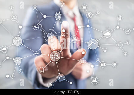 Technology industrial business process workflow organisation structure on virtual screen. IOT smart industry concept mixed media diagram Stock Photo