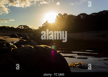 Sandy beach near New Zealand's hot water beach in mysterious evening scenery with calm pacific ocean. Stock Photo