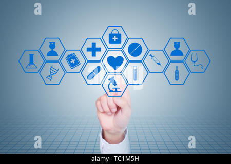 Finger touch medical icon on virtual screen, modern medical technology innovation concept creative diagram Stock Photo