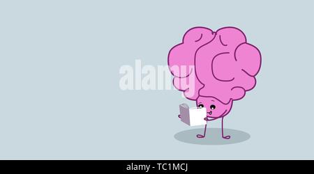 cute human brain organ reading book education concept kawaii style pink cartoon character horizontal sketch Stock Vector