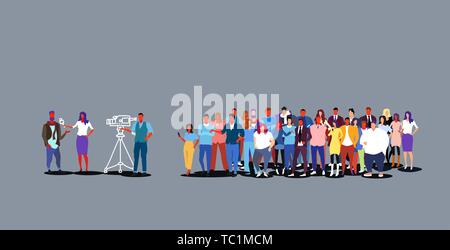 businesspeople crowd looking at female presenter interviewing with crew reporter taking interview with man mass media announcement concept horizontal Stock Vector