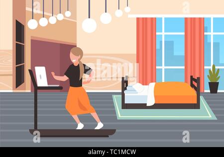 businesswoman using laptop running on treadmill woman freelancer workout hard working concept modern bedroom interior flat full length horizontal Stock Vector