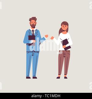 overworked businesspeople man woman holding folder clipboard paper documents couple coworkers presenting report presentation concept flat full length Stock Vector