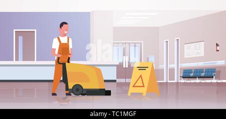 man holding professional washing machine male cleaner janitor in uniform cleaning service floor care concept modern hospital waiting hall corridor Stock Vector